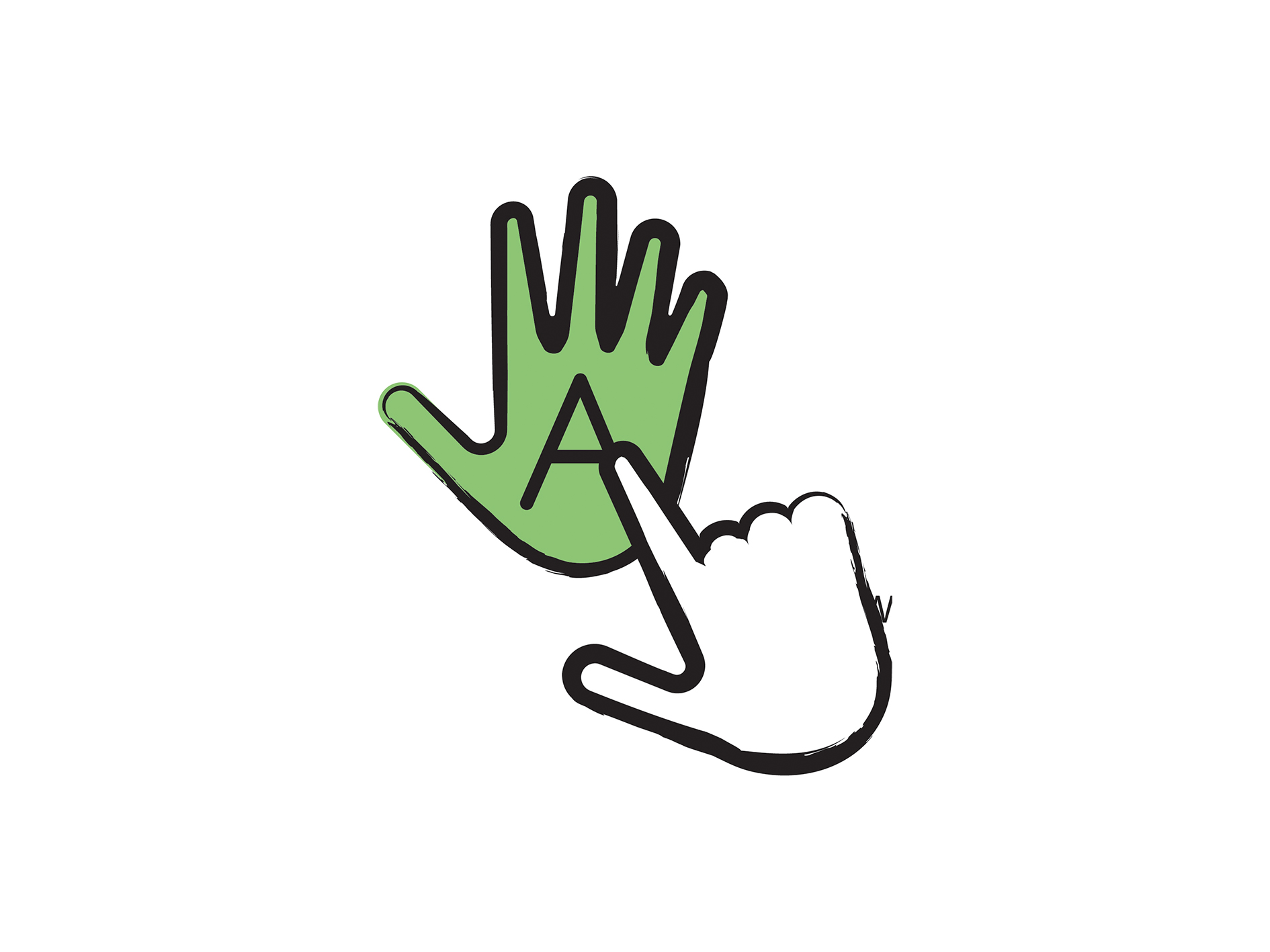 An icon representing print on palm. One hand draws a letter in the palm of another.